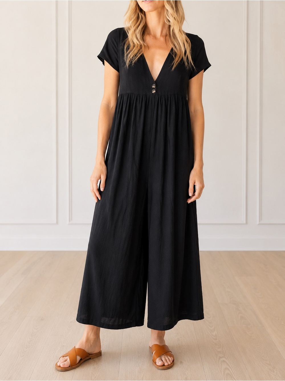 Natural Life Avery Jumpsuit Size L/XL Black Linen Blend Wide Leg Boho One Piece